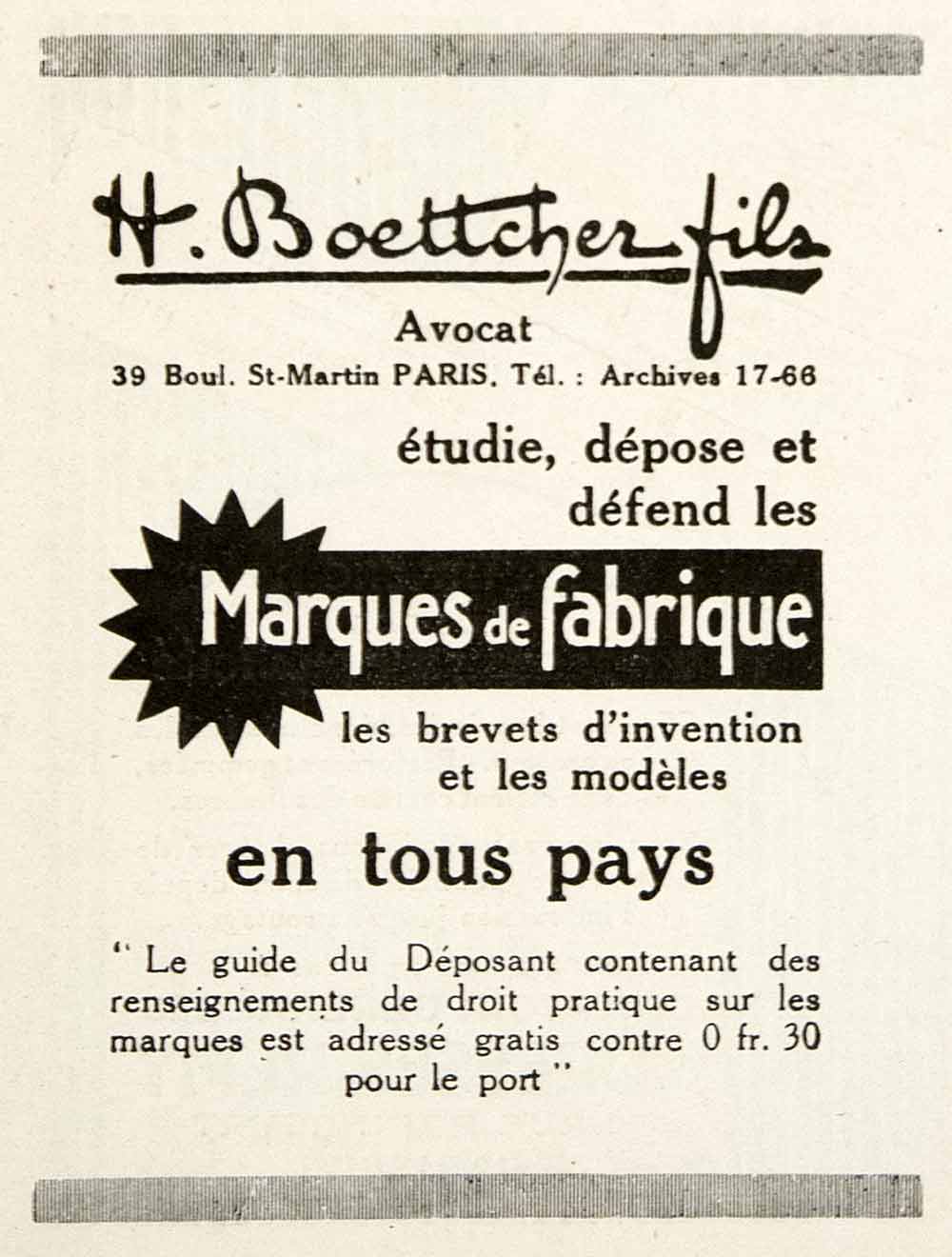 1926 Ad H Boettcher Fils Trademark Lawyer Patent 39 Boulevard St Martin VEN4