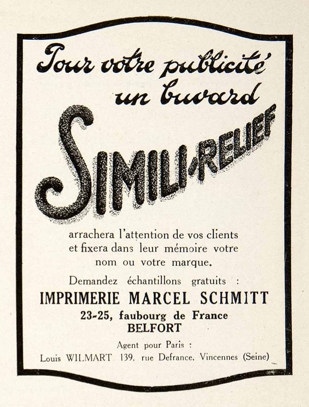 1926 Ad Imprimerie Marcel Schmitt Simili-Relief Advertising Agency Louis VEN4