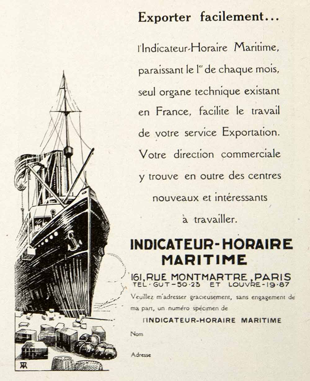 1926 Ad Indicateur-Horaire Maritime 161 Rue Montmartre Paris Schedule VEN4