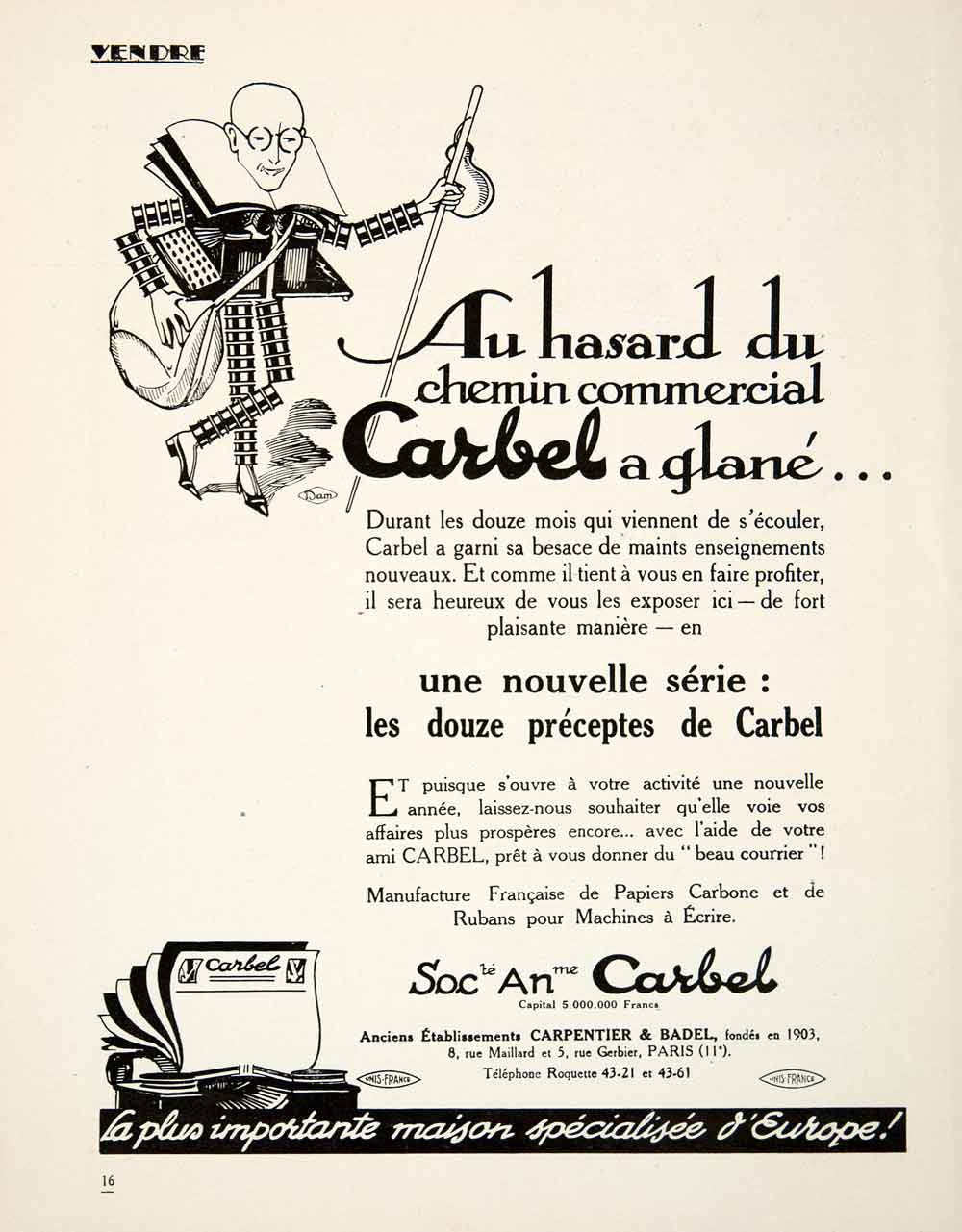 1926 Ad Carbel Carbon Paper Typewriting Ribbon 8 Rue Maillard Paris VEN4