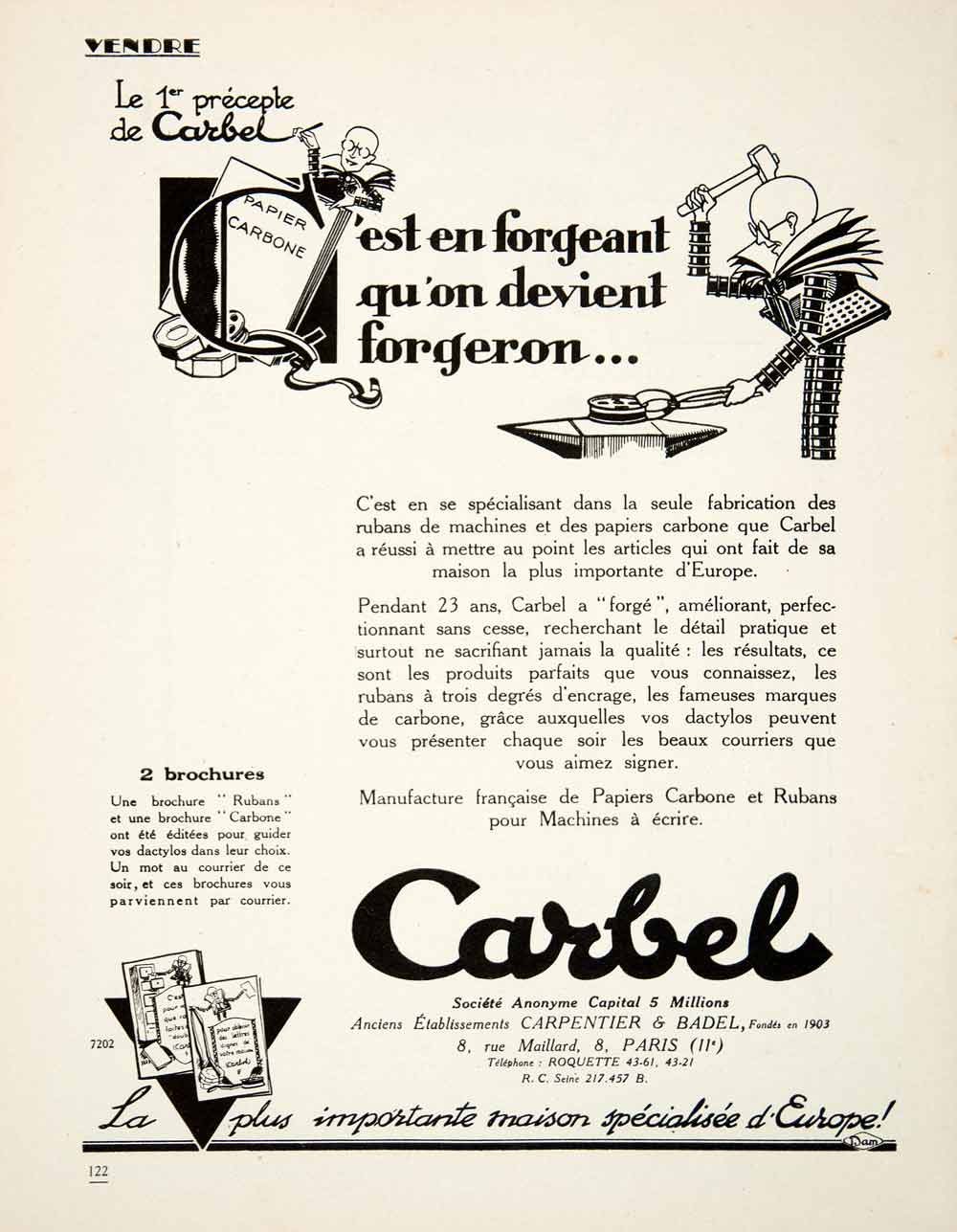 1926 Ad Carbel Carpentier Badel Carbon Paper Typewriter Ribbon 8 Rue VEN4