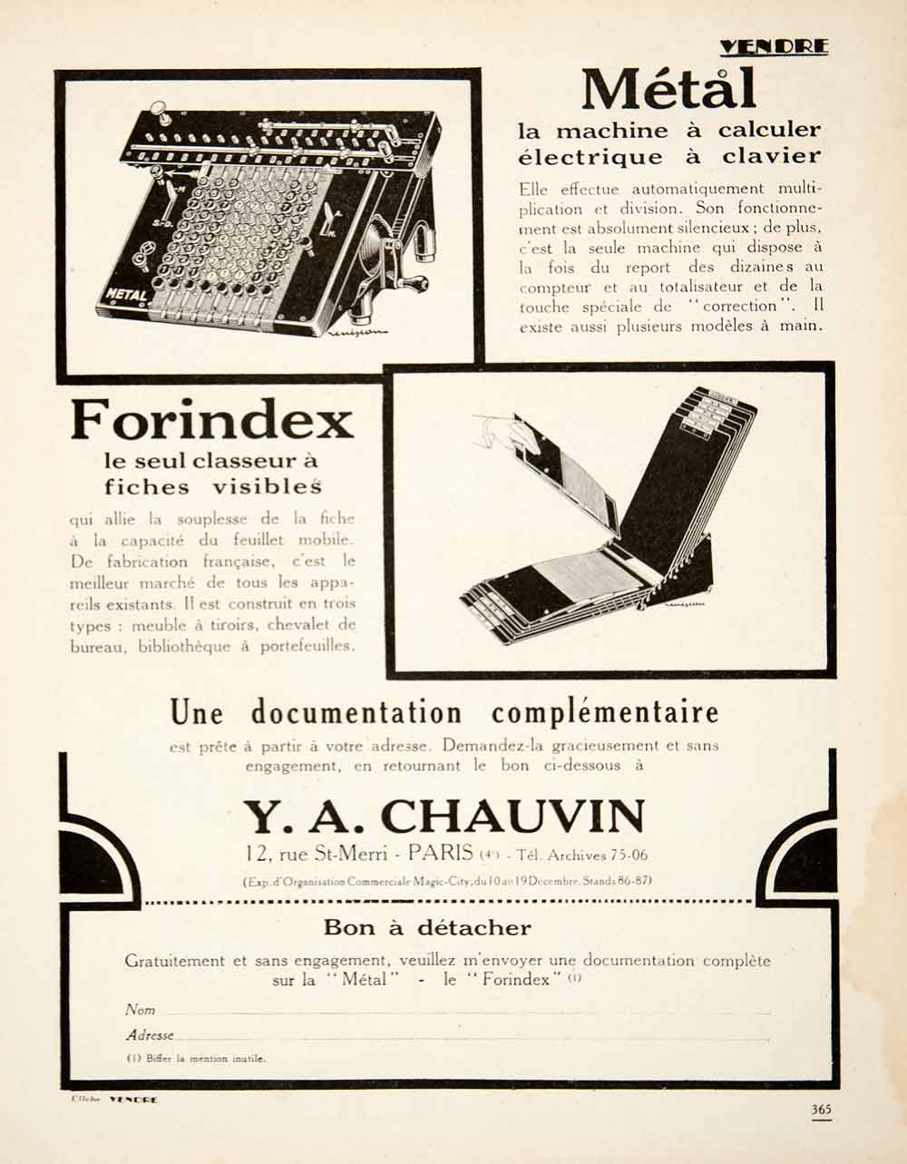 1926 Ad Forindex Metal 12 rue Saint-Merri Paris Filing System Calculation VEN4