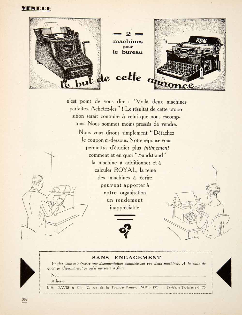 1926 Advert Royal Typewriter J.H. Davis 12 Rue Tour-des-Dames Paris VEN4