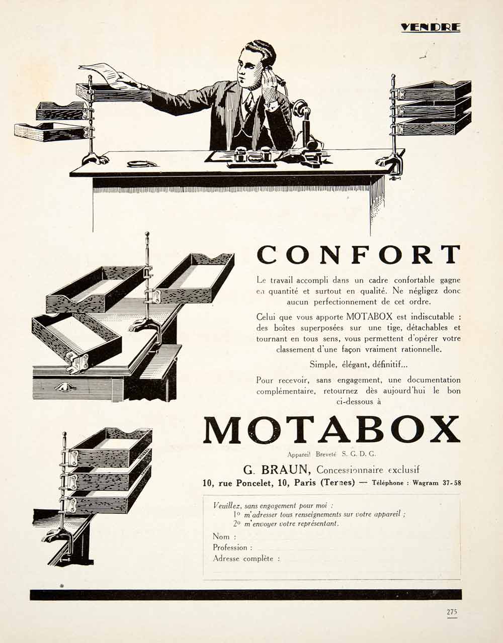 1926 Ad Motabox G Braun 10 Rue Poncelet Paris Inbox Office Supplies Desk VEN4