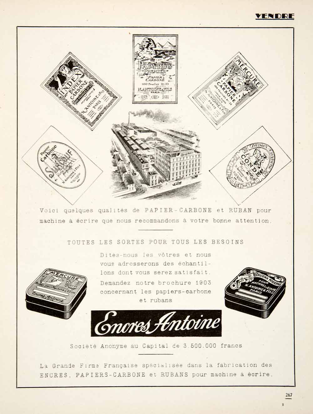 1926 Ad Encres Antoine Ink Typewriter Ribbon Carbon Paper Conde Surcouf VEN4