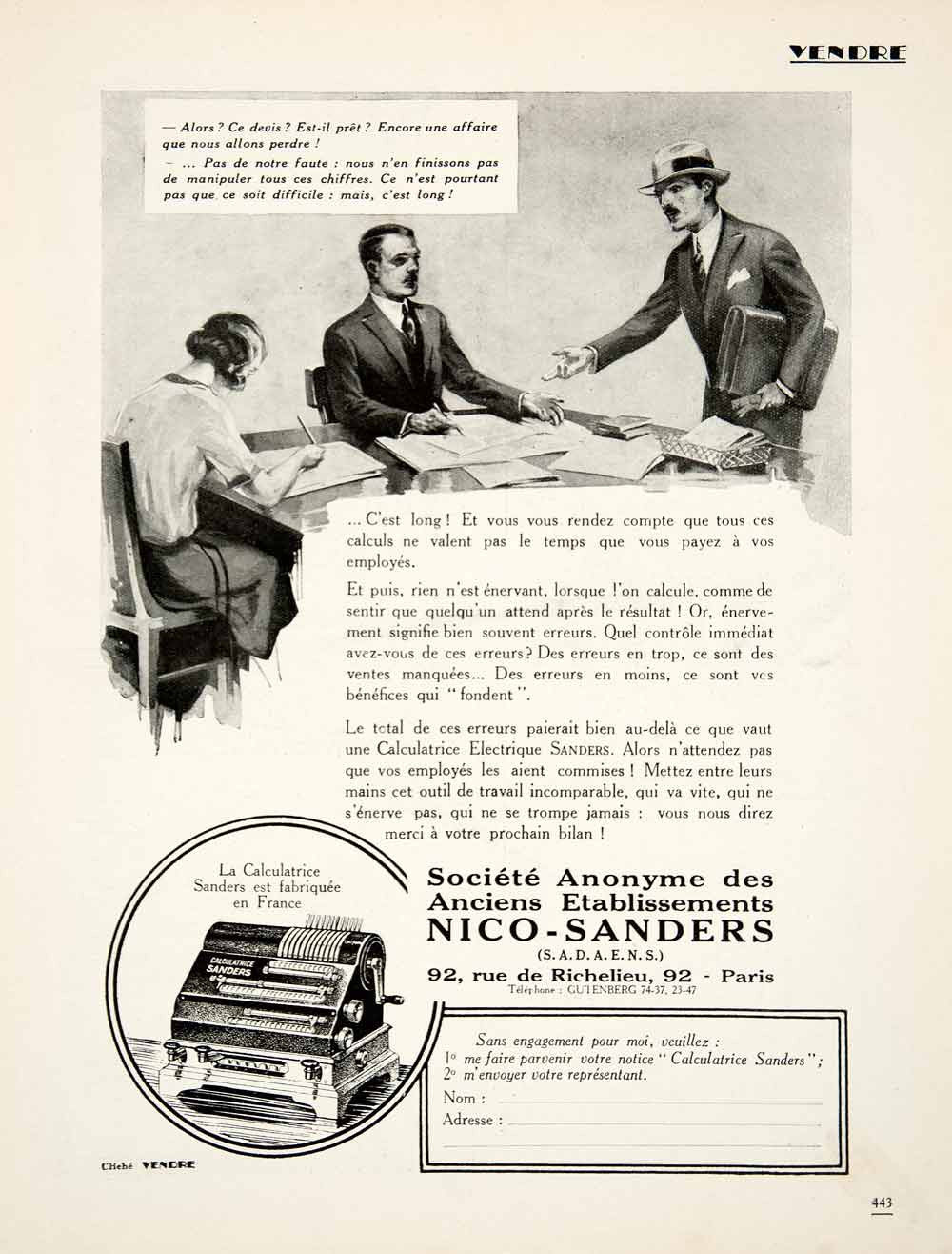 1926 Ad Nico Sanders Electric Calculation Machine 92 Rue Richelieu Paris VEN4 - Period Paper
