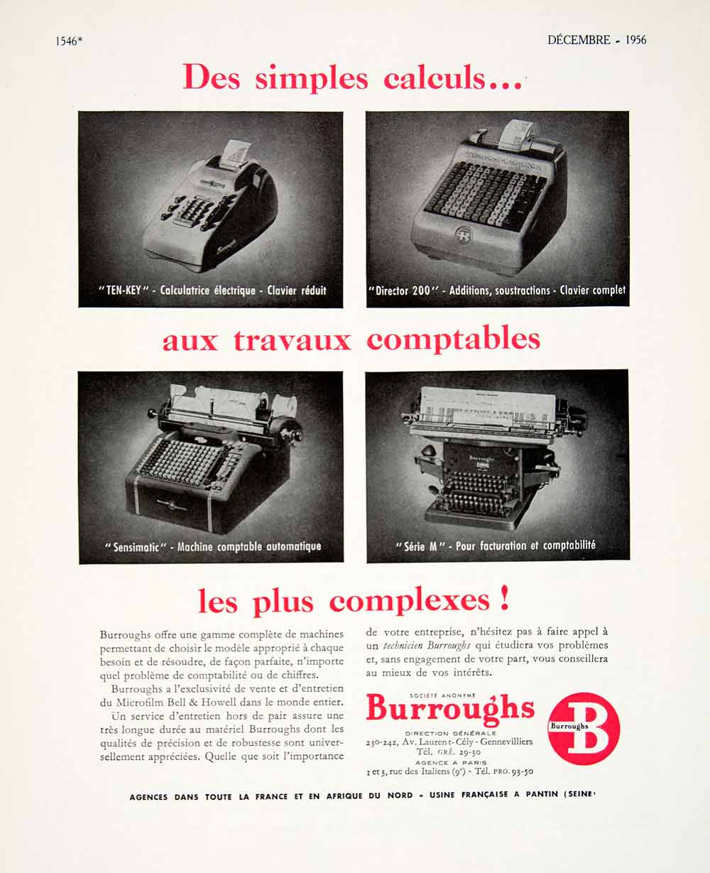 1956 Ad Burroughs Calculating Machine French Director 200 Ten-Key VEN6