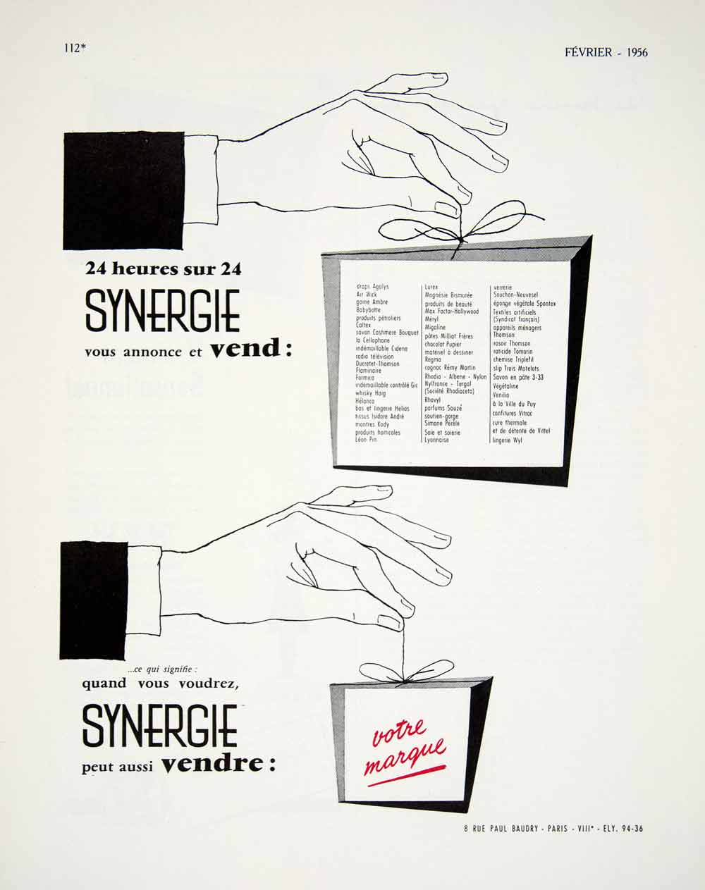 1956 Ad Synergie Brand French Hand Selling Marketing Box Advertising VEN6