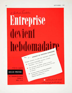 1957 Ad Entreprise Regie-Presse 75 Champs-Elysees Paris Hebdomadal VEN7