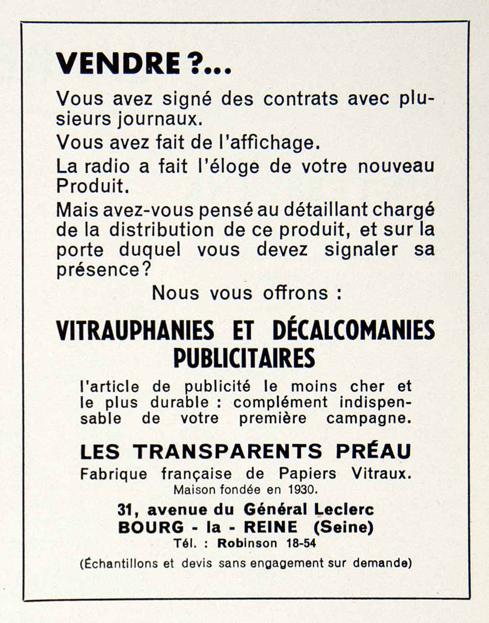 1953 Ad French Advertising Window Stickers Decal Transparents Preau VEN8