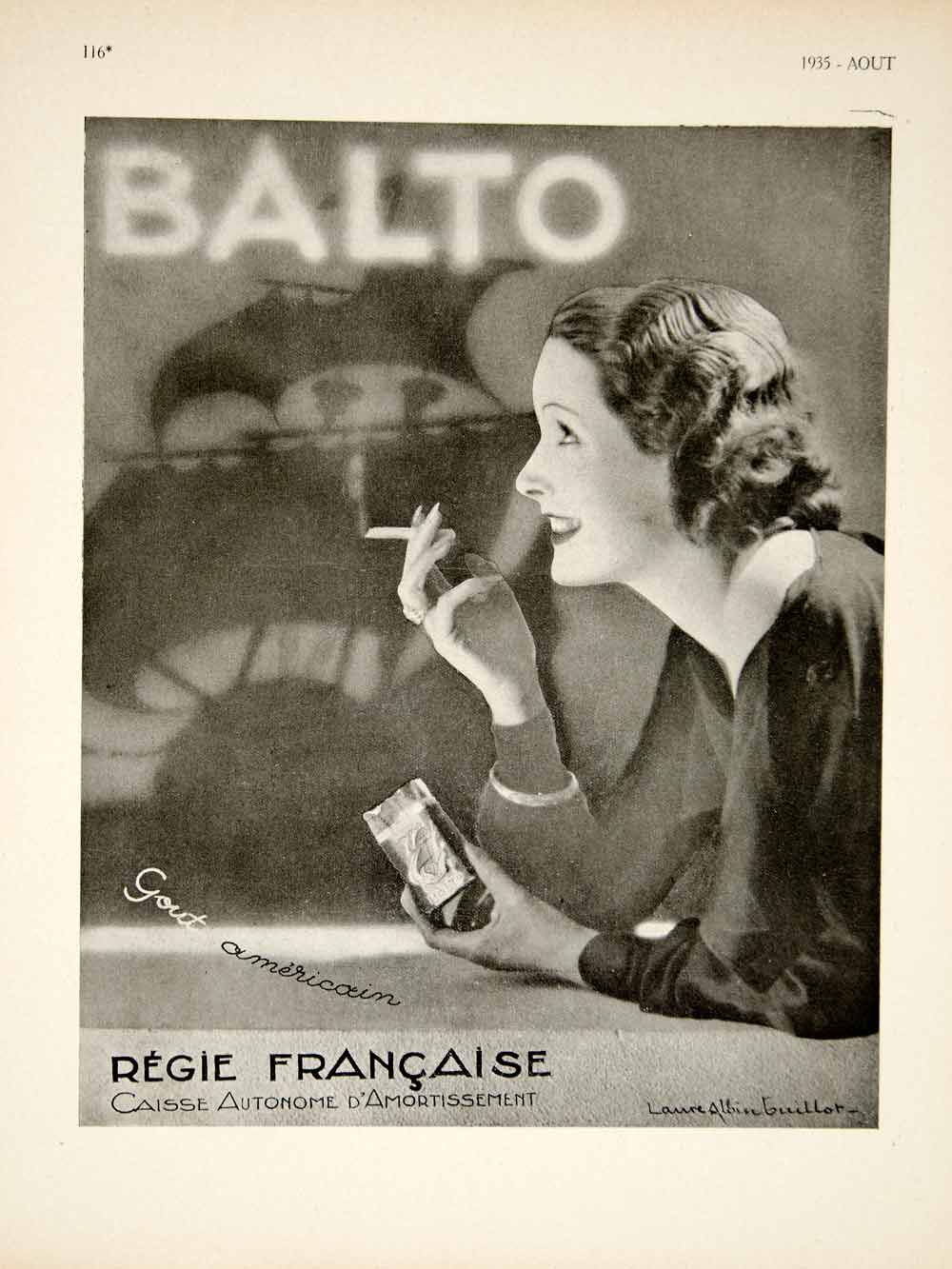 1935 Ad Vintage French Balto Cigarrettes Laure Albin Guillot Woman Smoking VEN9