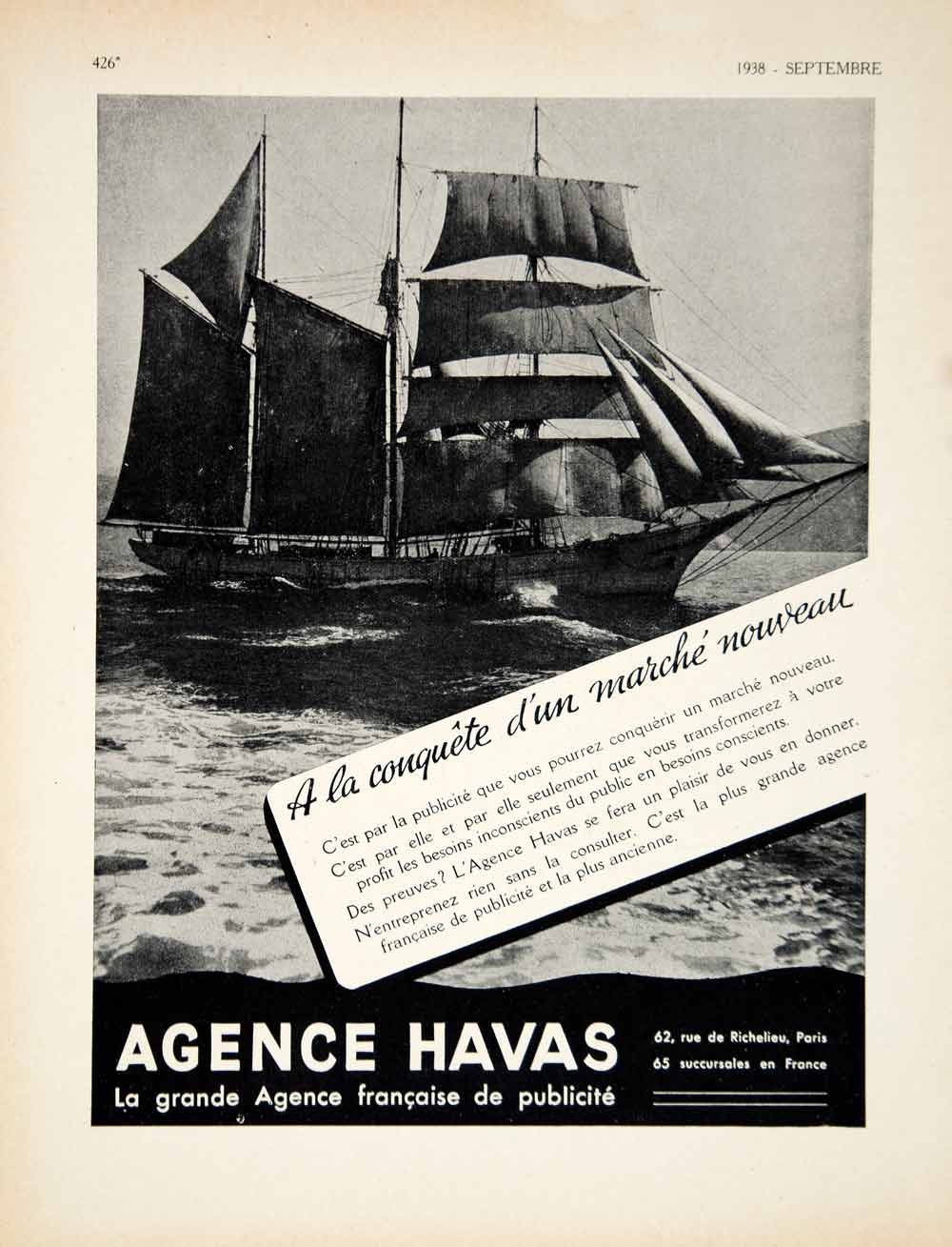 1938 Ad Vintage French Agence Havas Advertising Agency Sailing Ship Clipper VEN9