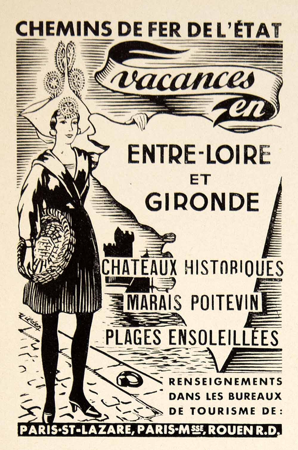 1936 Ad French Railway Chemins de fer de l'Etat Loire Gironde Train Travel VEN9