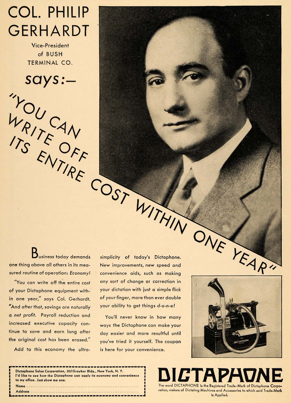 1930 Ad Dictaphone Col. Philip Gerhardt Bush Terminal - ORIGINAL ADVERTISING WW3