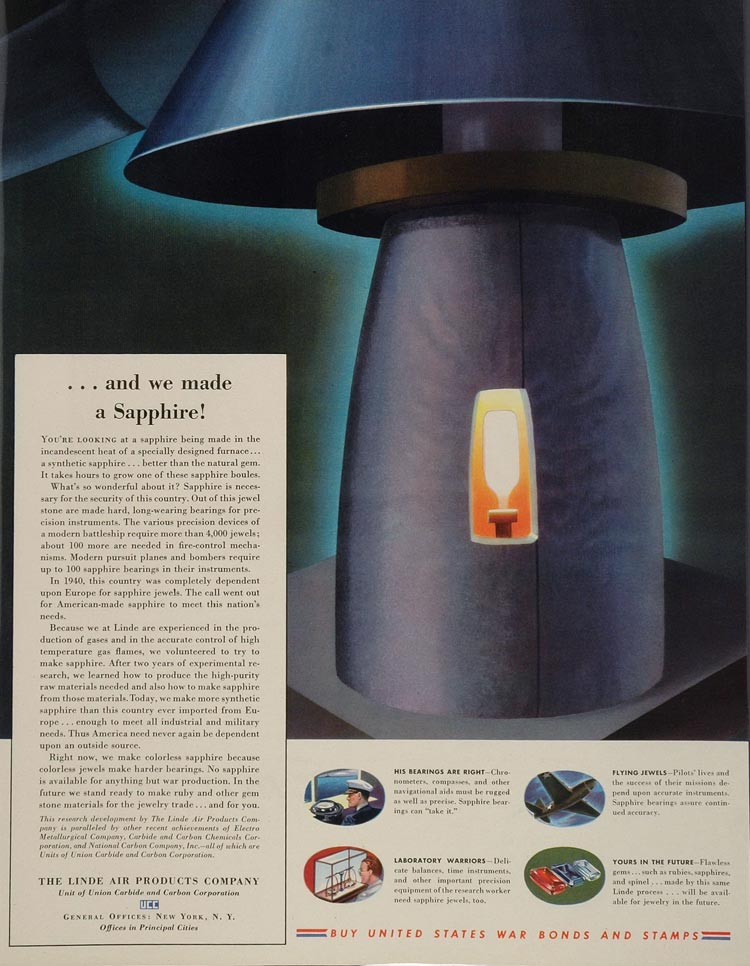 1943 Ad WWII Linde Air Sapphire Furnace War Production - ORIGINAL WWII