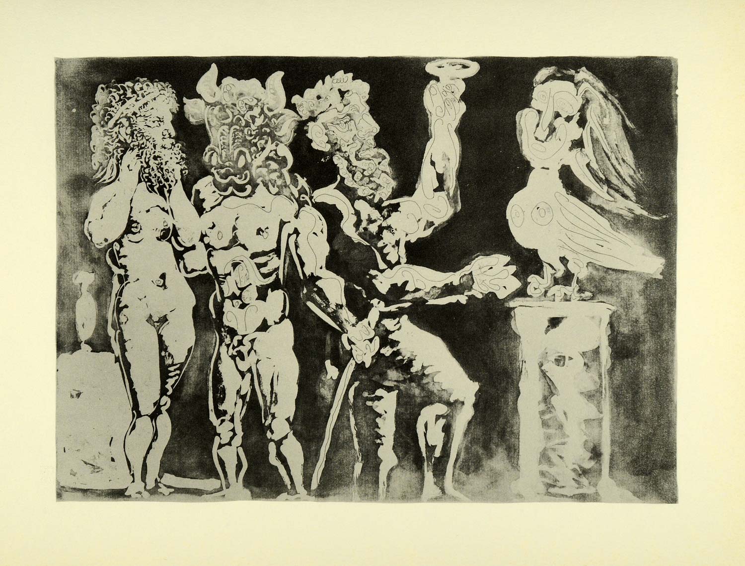 1956 Print Pablo Picasso Two Men Minotaur Sculpted Bird Nude Abstract Modern Art