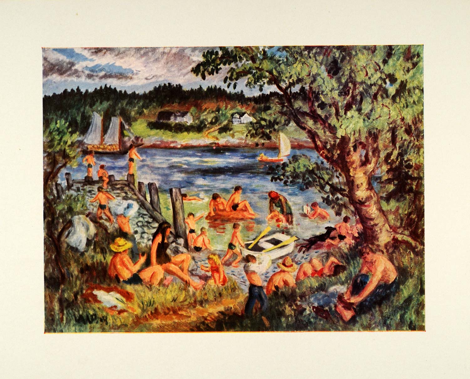 1945 Print Penobscot Bay Maine Swimming Hole Waldo Peirce Oil Painting XAA5