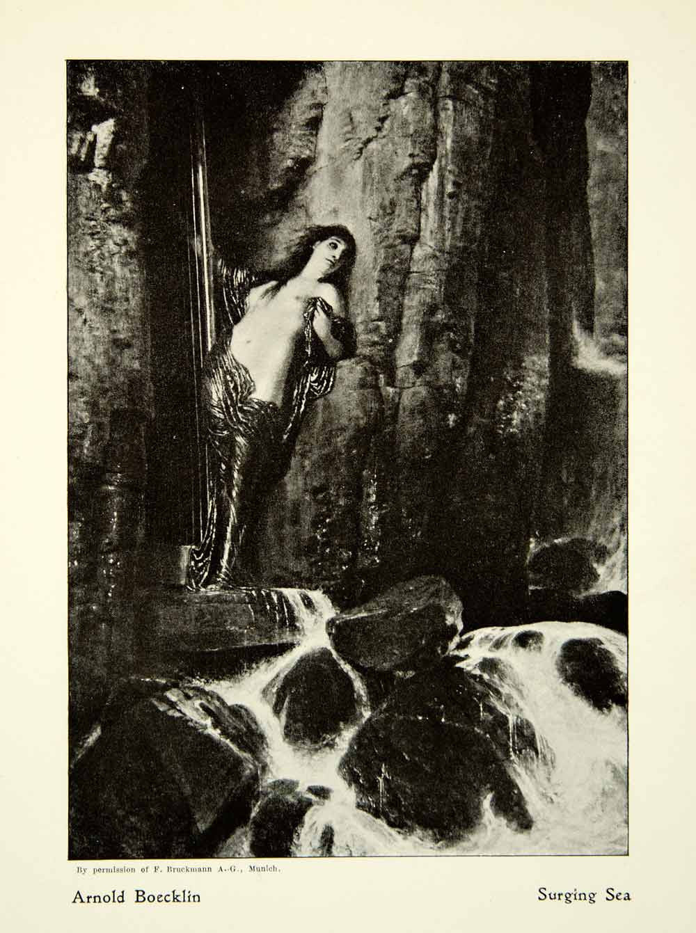 1909 Print Nude Surging Sea Woman Arnold Boecklin Breast Waves Portrait XAAA3