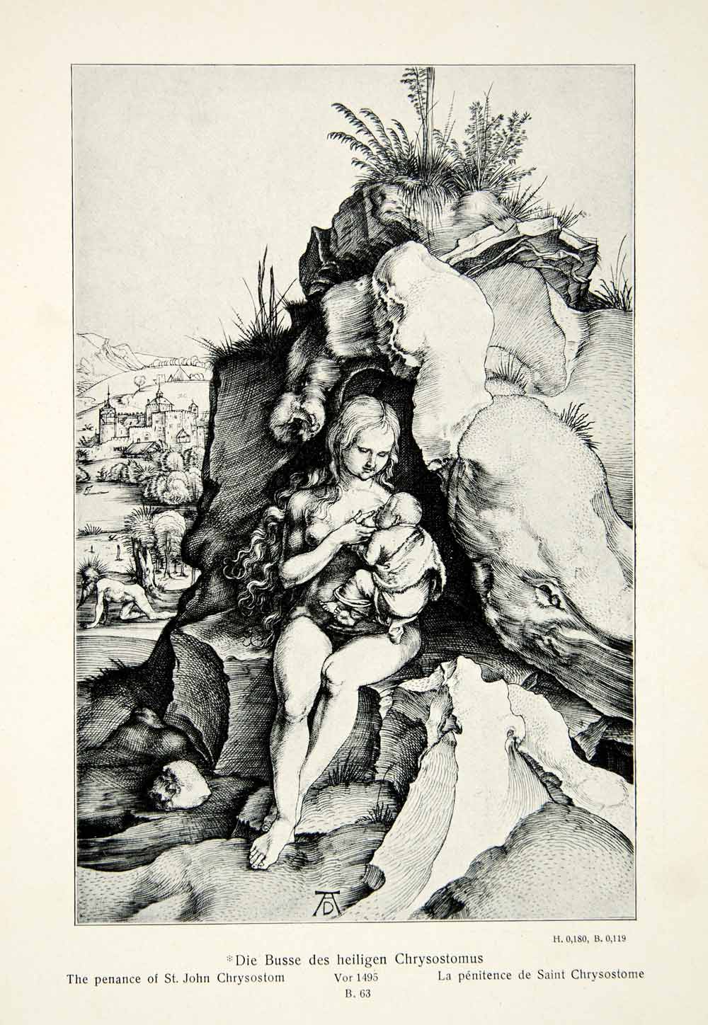 1908 Print Penance Saint John Chrysostom Nude Suckling Baby Cave Albrecht XAAA4