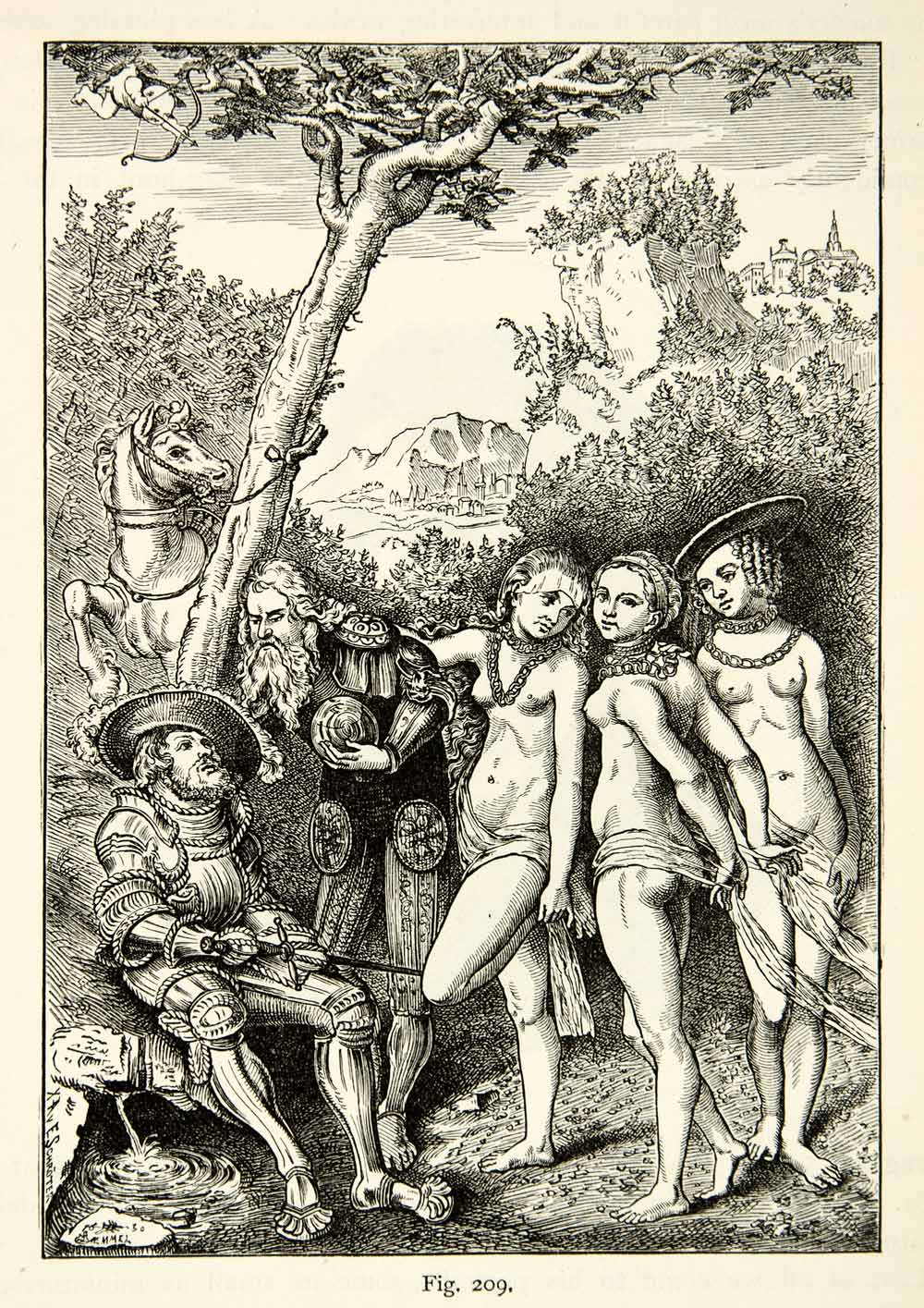 1888 Print Judgment Paris Nude Women Medieval Lucas Cranach Animal Hor –  Period Paper Historic Art LLC