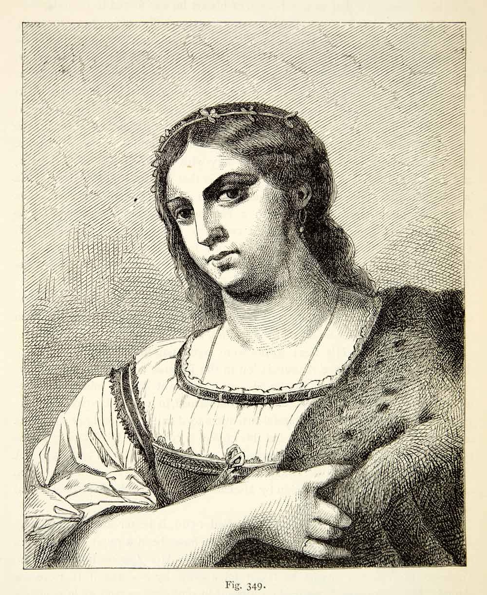 1888 Wood Engraving Portrait Fornarina Sebastiano Del Piombo Woman Fashion XACA9