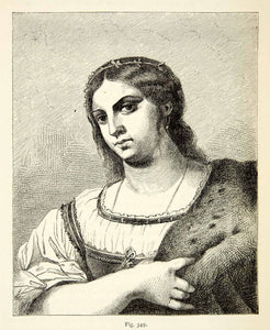 1888 Wood Engraving Portrait Fornarina Sebastiano Del Piombo Woman Fashion XACA9