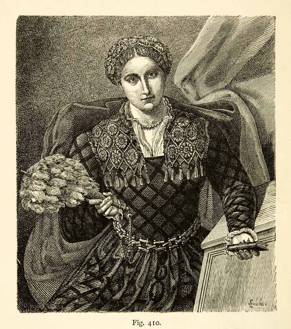 1888 Wood Engraving Portrait Lady Lorenzo Lotto Fashion Renaissance Woman XACA9