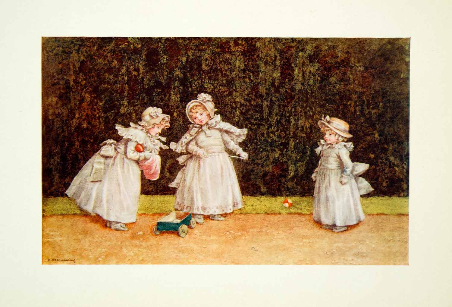 1905 Color Print Kate Greenaway Little Go-Cart Children Playing Regency XADA2