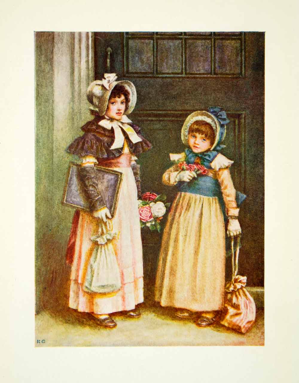 1905 Color Print Kate Greenaway Two Girls Going to School Regency Fashion XADA2