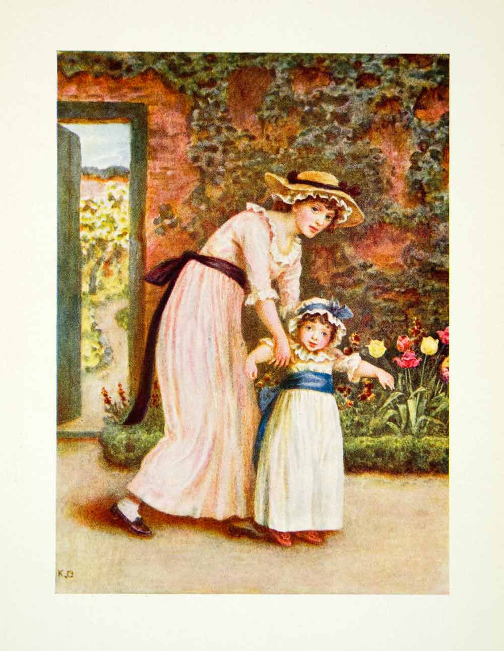 1905 Color Print Kate Greenaway Two Girls in a Garden Regency Dress XADA2