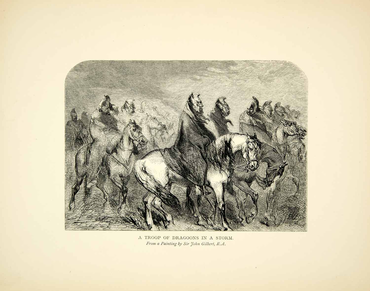 1901 Wood Engraving John Gilbert Art Troop Dragoons Storm Cavalry Horse XAFA8