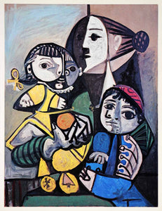 1965 Print Pablo Picasso Mother Children Orange Family Portrait Abstract Art