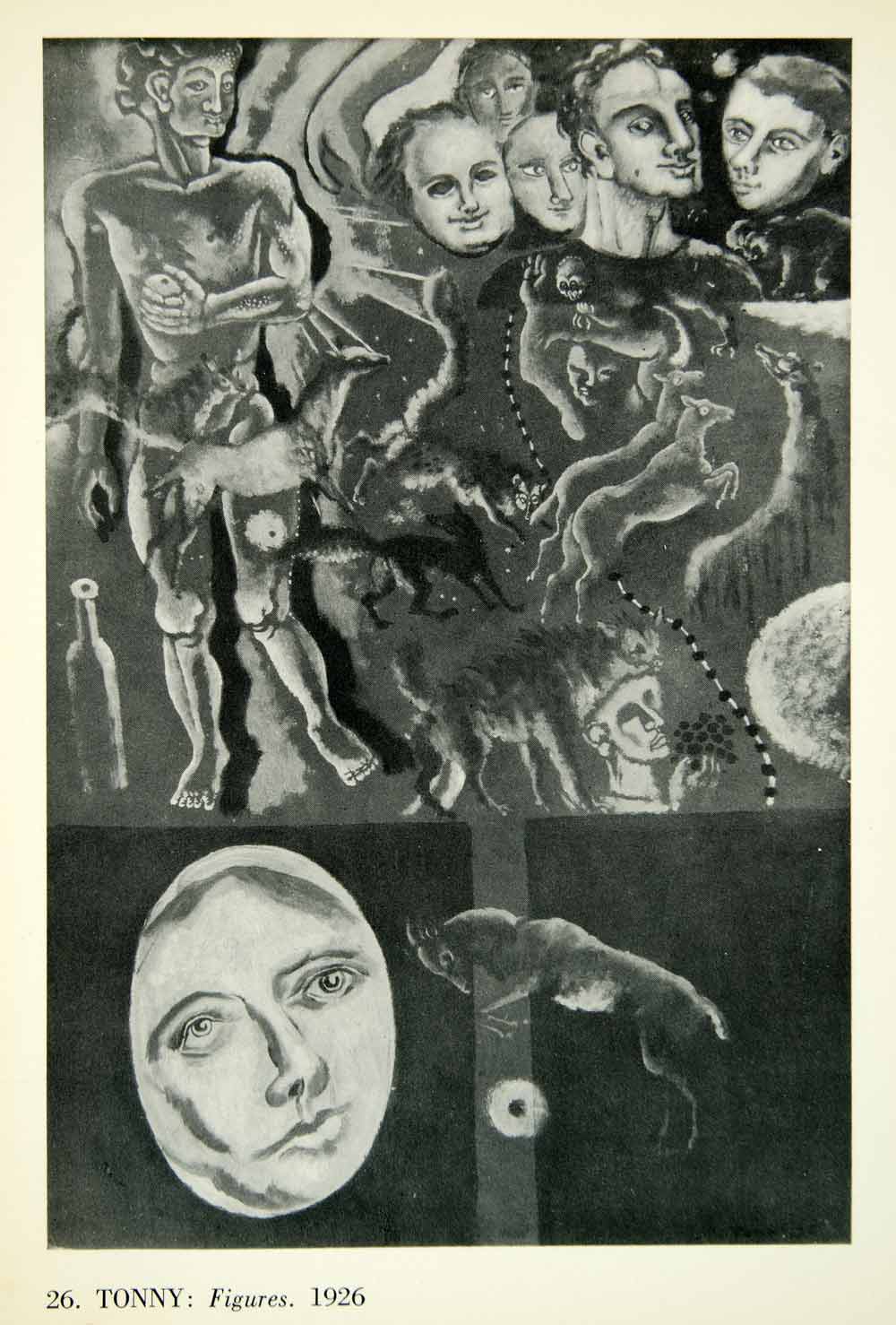 1935 Print Kristians Tonny Surreal Figures Faces Animals Art Bizarre XAHA7