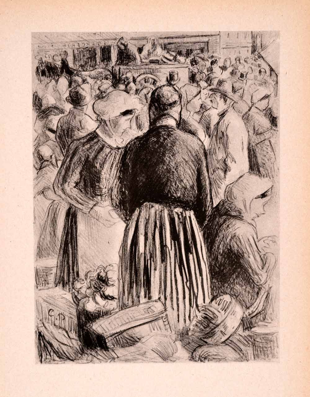 1946 Print Pissarro Market Pontoise France French Impressionism Crowd Art XAK1