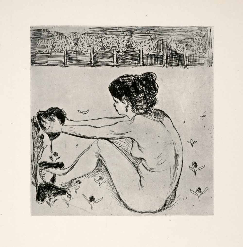 1957 Print Edvard Munch Girl Maiden Heart Nude Garden Blood Love Pain Reflection