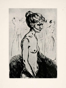 1957 Print Edvard Munch Old Woman Nude Hospital Sketch Profile Portrait Naked