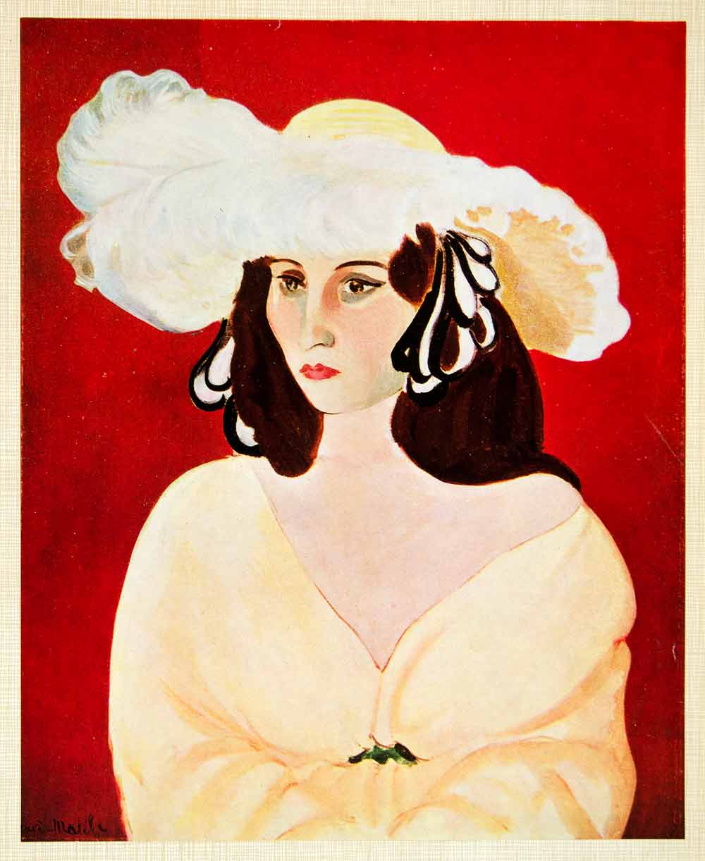 1958 Print Plumes Blanches White Feathers Woman Portrait Henri Matisse Fashion