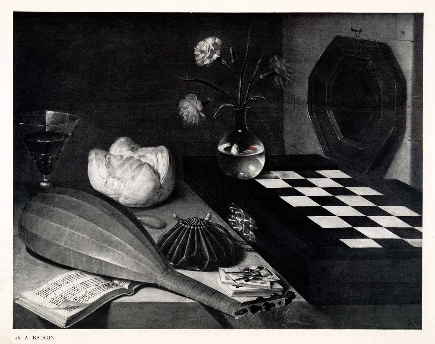 1951 Photogravure Still Life Art Allegory Five Senses A Baugin Chessboard XAN4