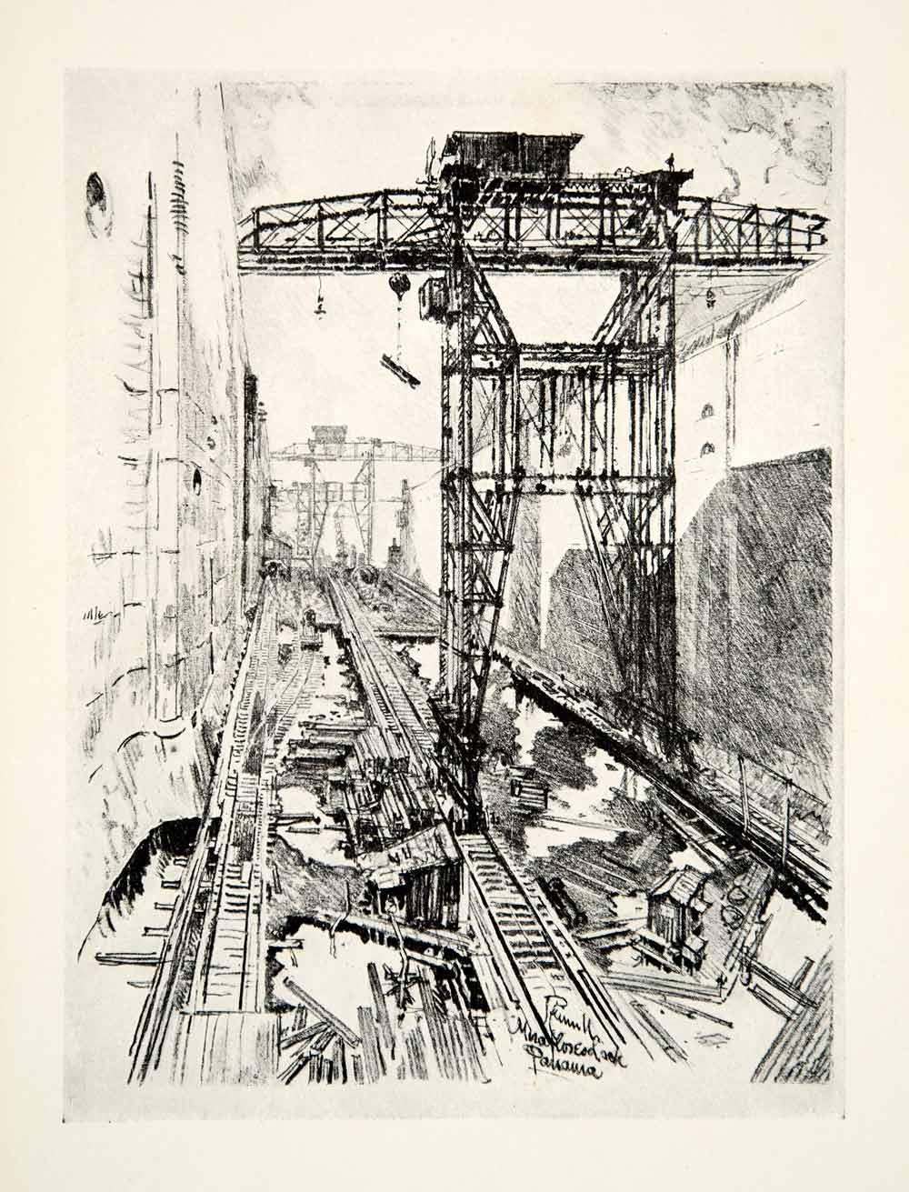 1913 Print Joseph Pennell Art Construction Crane Miraflores Lock Panama XAOA2