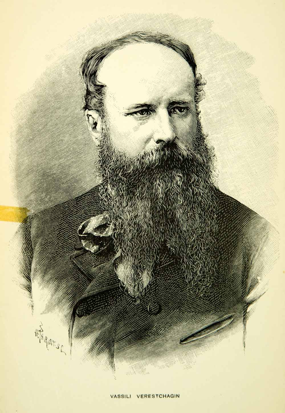 1887 Wood Engraving Vasily Vereshchagin Portrait Russian Artist Victorian XAQA9