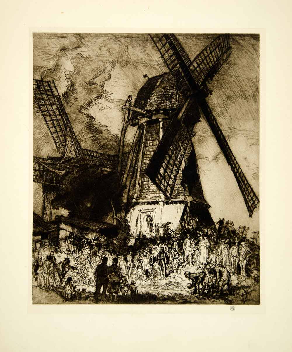 1924 Photogravure Brangwyn Skittles Game Bowling Windmill Holland Etching XARA3