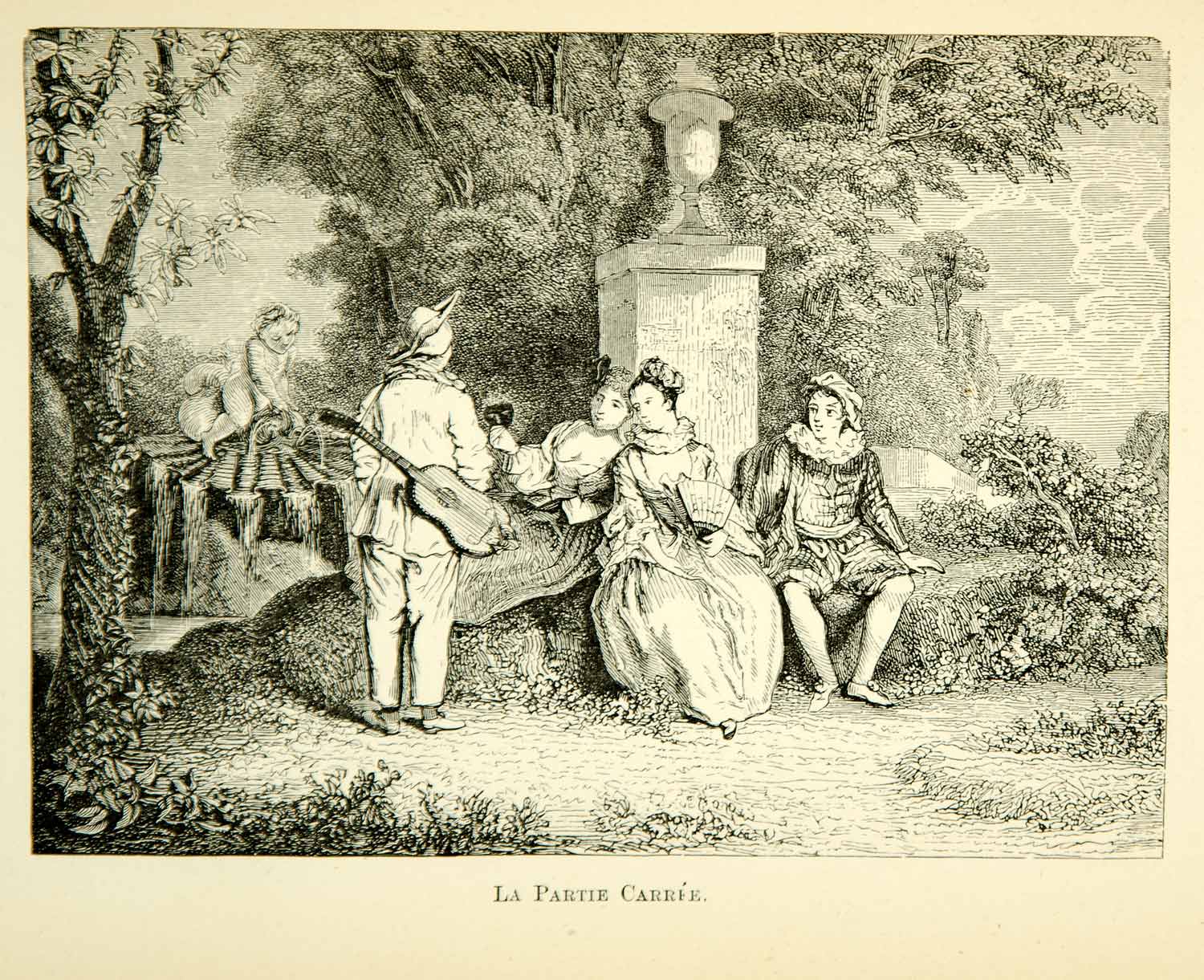 1883 Wood Engraving Jean-Antoine Watteau Baroque Art La Partie Carree XAUA1