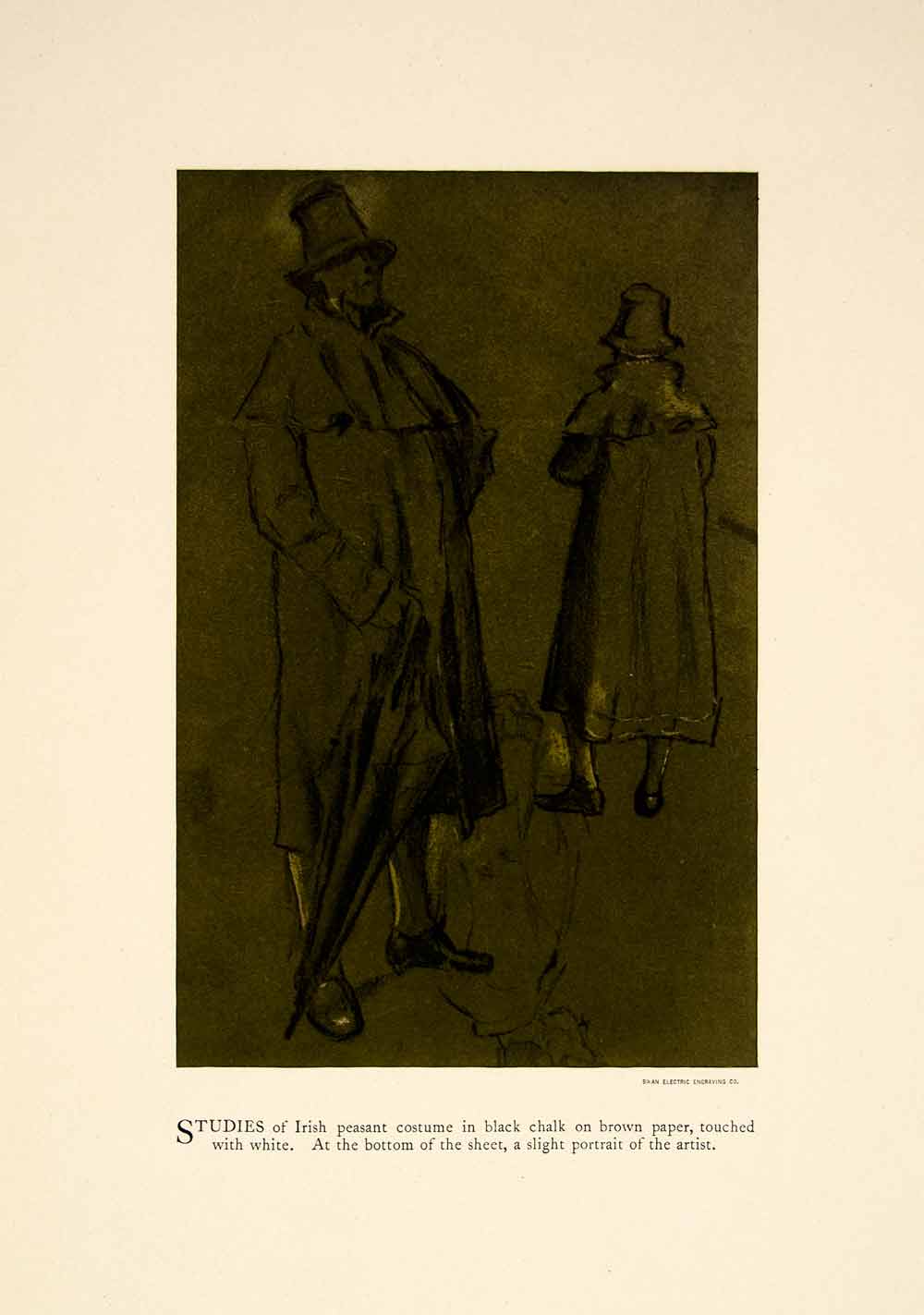 1897 Print Charles Keene Chalk Figure Sketch Irish Peasants Costume XAY6