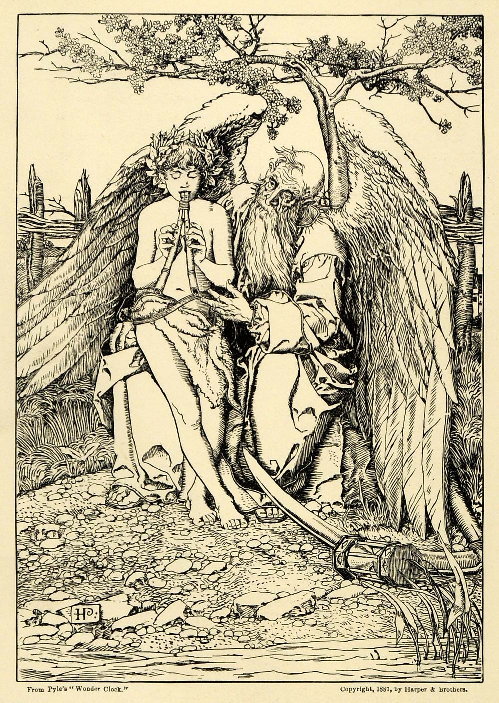 1920 Wood Engraving Howard Pyle Wonder Clock Father Time Pan Panpipe Flute XDA7