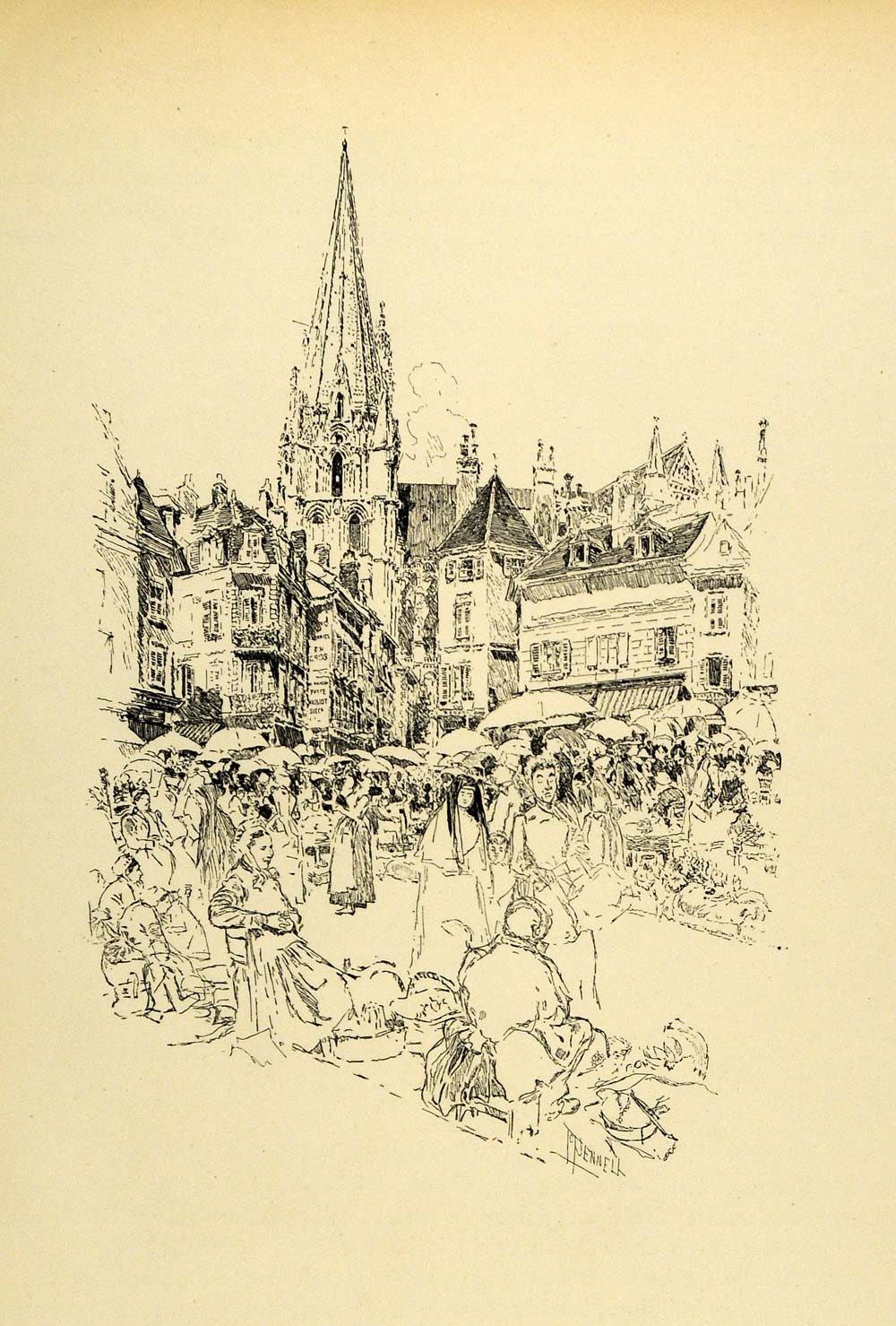 1920 Wood Engraving Joseph Pennell Art Chartres Cathedral Market Square XDA7