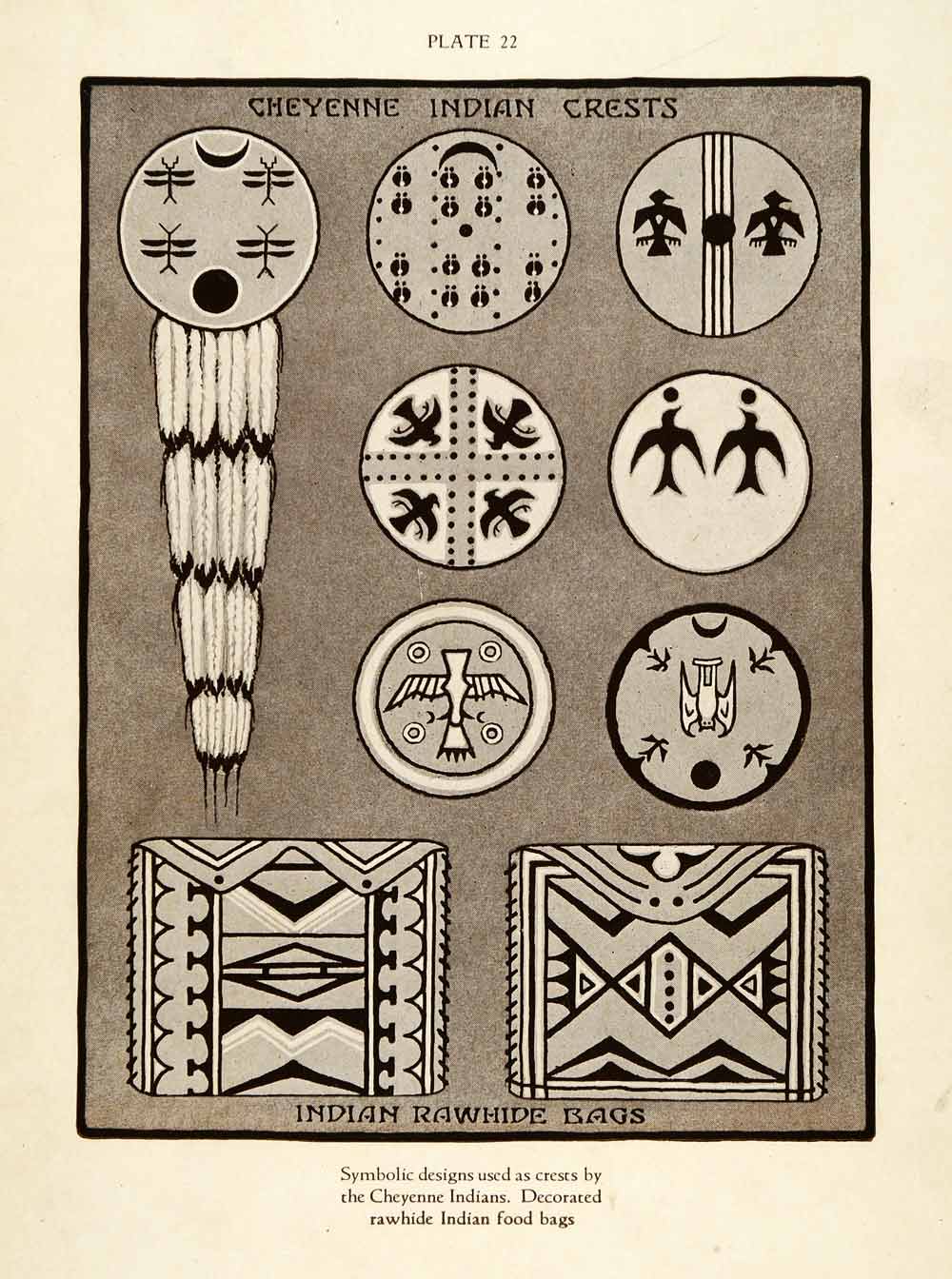 1926 Photolithograph Symbolic Crests Designs Cheynne Indians Rawhide Food XDB5