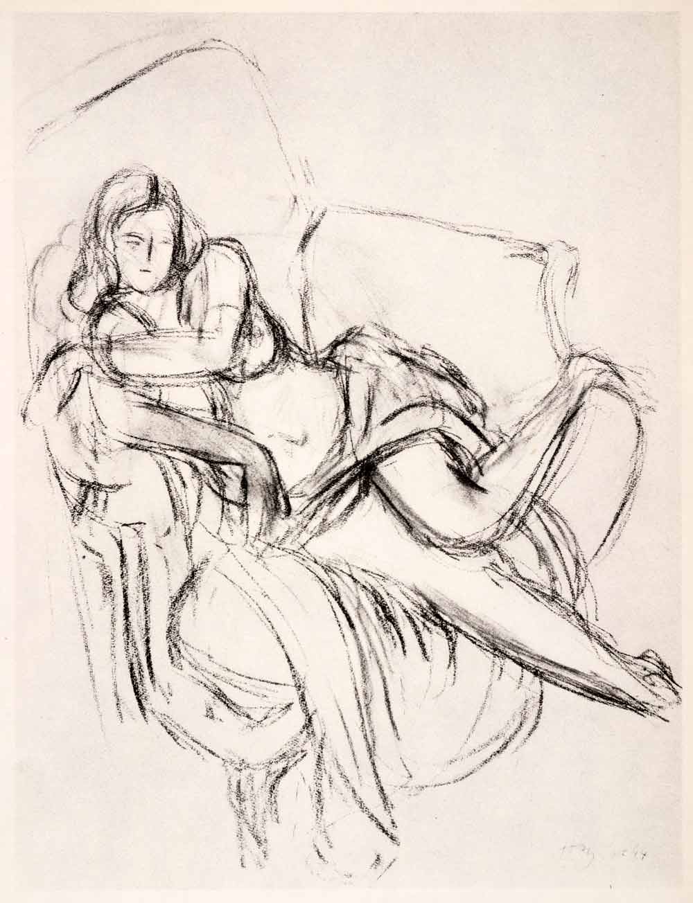 1969 Photolithograph Henri Matisse Reclining Nude Woman Armchair Abstract Art