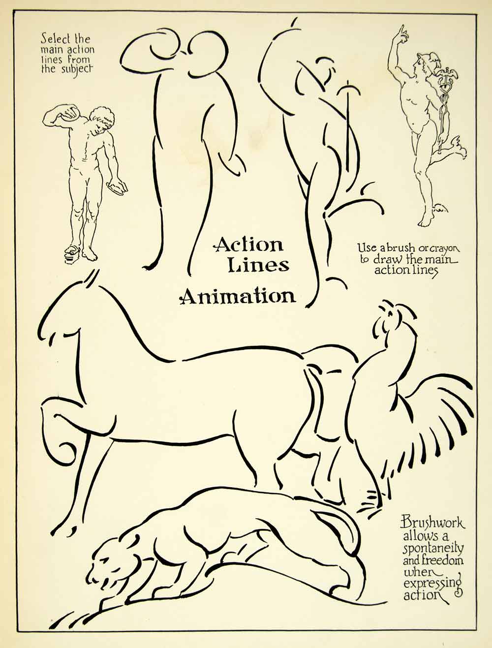 1938 Print Nude Animal Action Drawing Guide Horse Panther Sketch Art Rooster