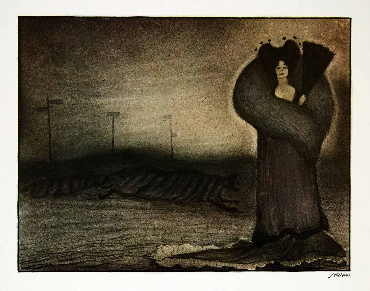 1969 Aquatone Print Alfred Kubin Modern Art Fur Coat Woman Fashion Cat Hand XDG2