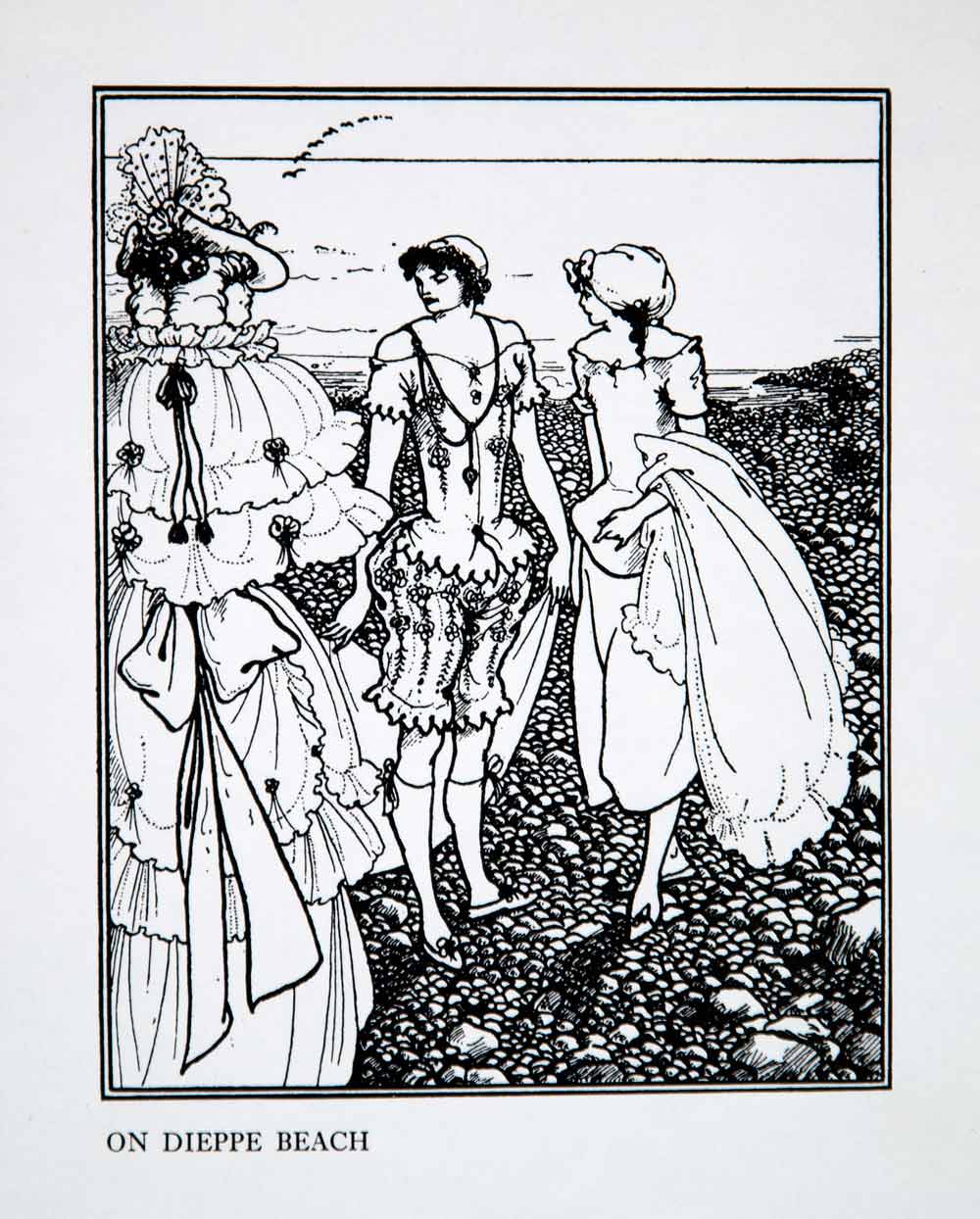 1967 Offset Lithograph Dieppe Beach France Aubrey Beardsley Swim Art XDJ8